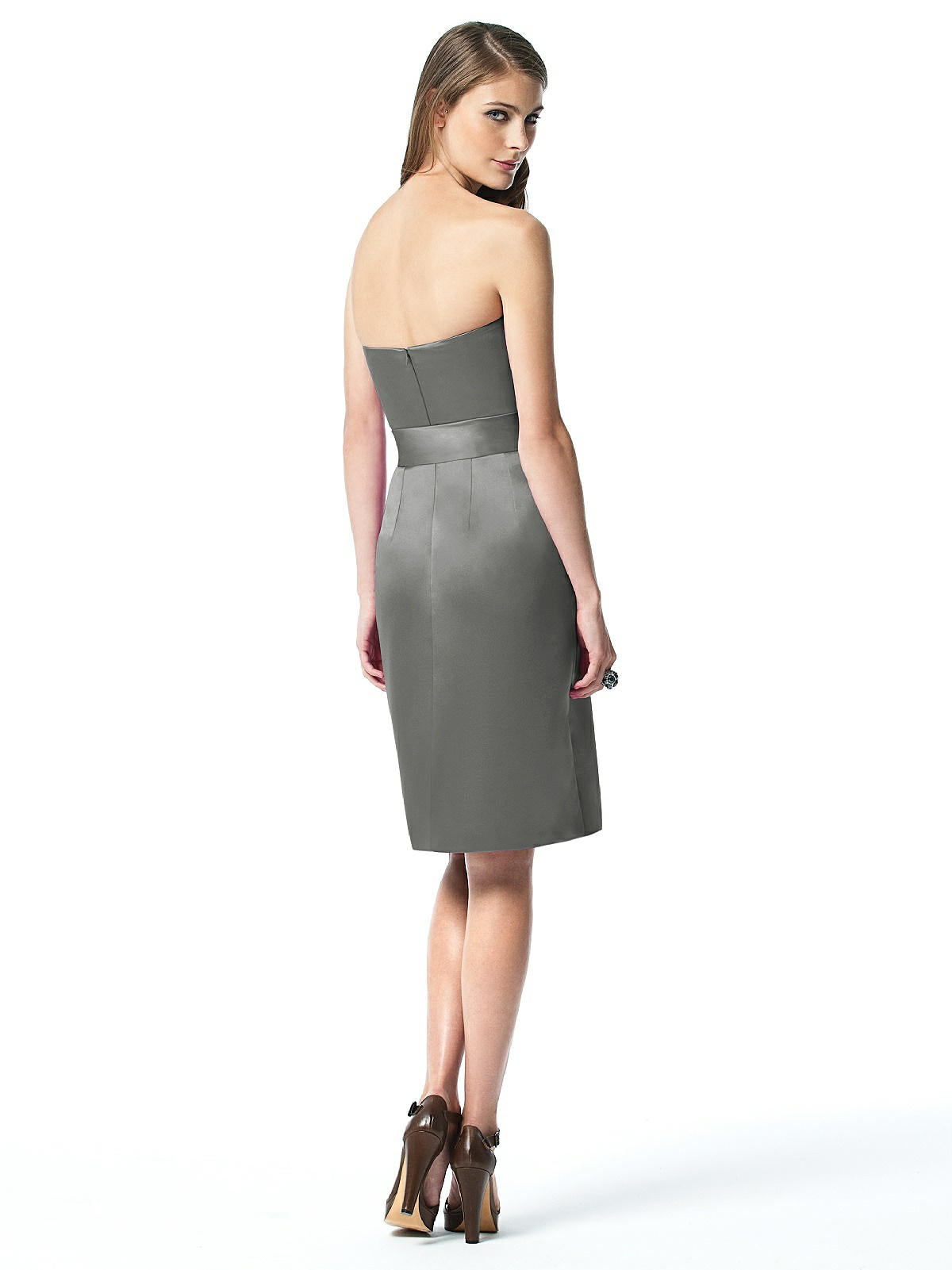 Dessy 2841....Strapless, Cocktail length, Satin dress...Gray...Size 4