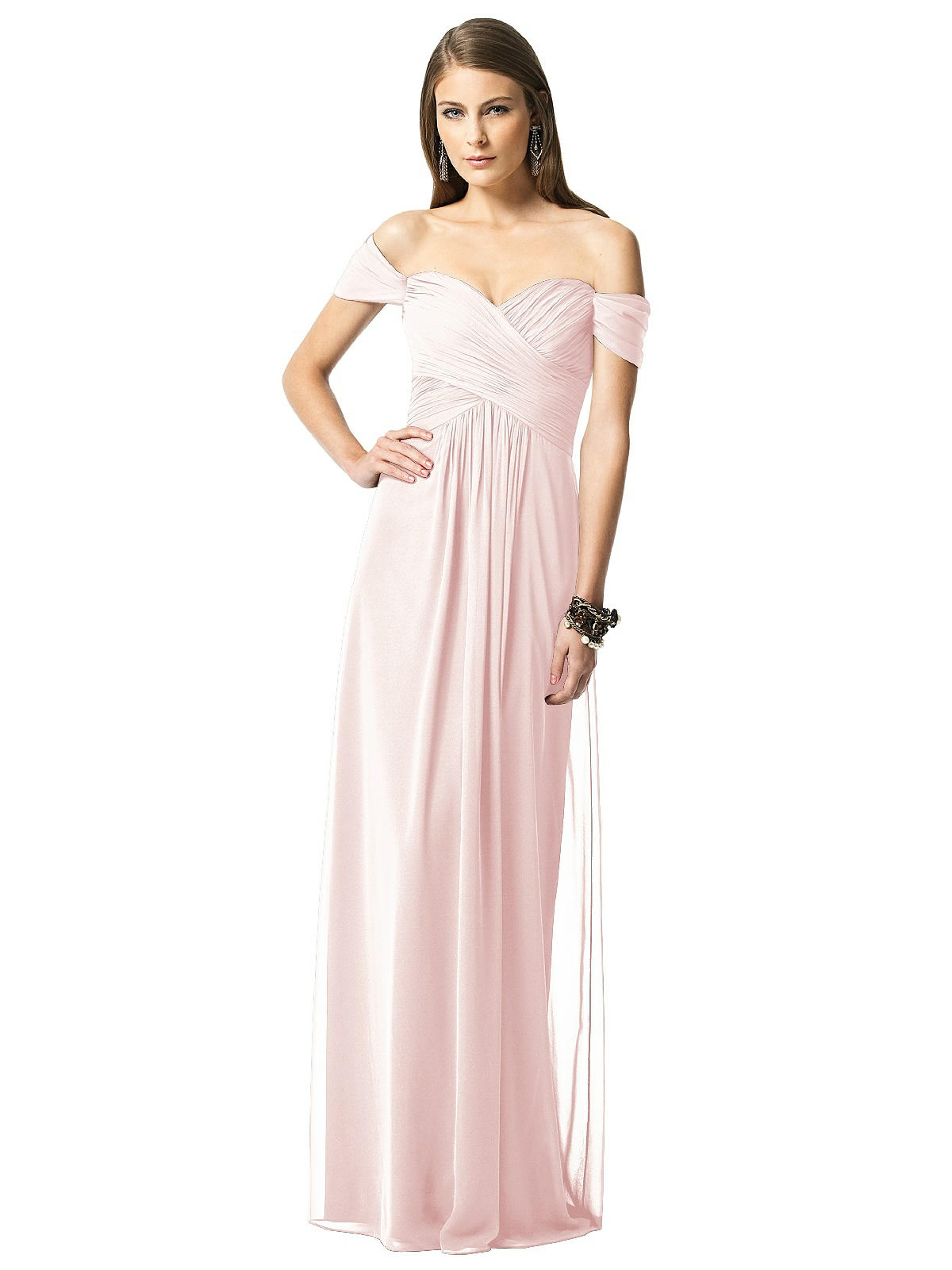Dessy 2844...Full length, off the shulder Dress....Blush...Size 0