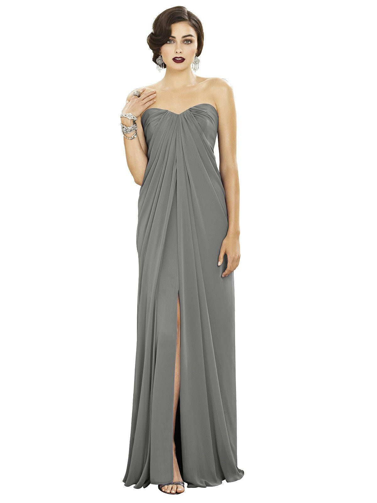 Dessy 2879......Full-length strapless lux chiffon dress....Gray...Size 4
