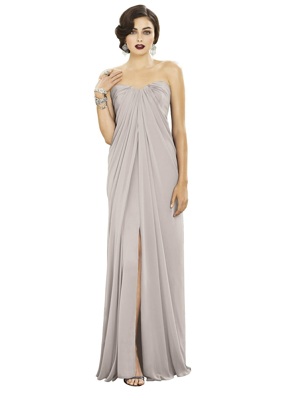 Dessy 2879......Full-length strapless lux chiffon dress....Taupe...Size 0