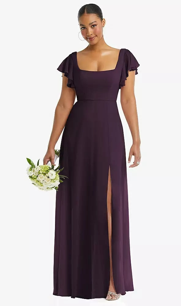 After Six 1568..Flutter Sleeve Scoop Open-Back Chiffon Dress.Aubergine..Size 16