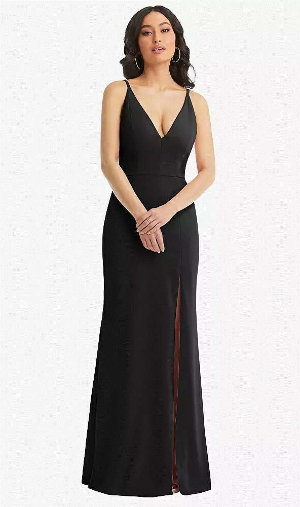 TH112...Deep V-Neck Crepe Trumpet Gown with Front Slit...Black...Size 4