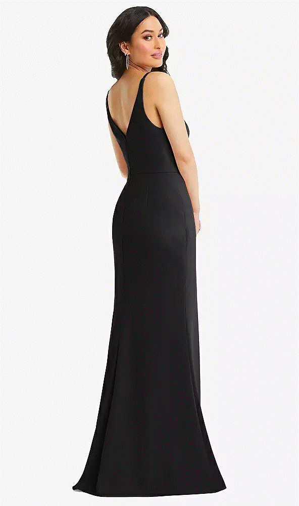 TH112...Deep V-Neck Crepe Trumpet Gown with Front Slit...Black...Size 4