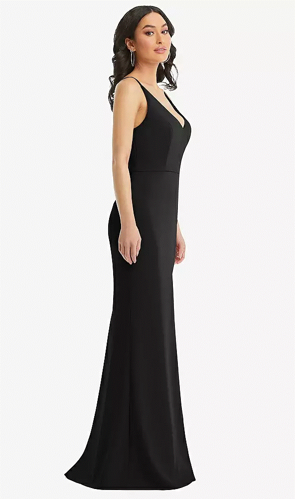 TH112...Deep V-Neck Crepe Trumpet Gown with Front Slit...Black...Size 4