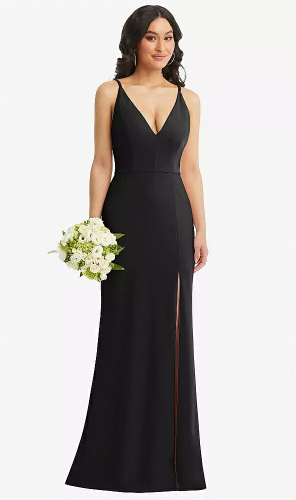 TH112...Deep V-Neck Crepe Trumpet Gown with Front Slit...Black...Size 4