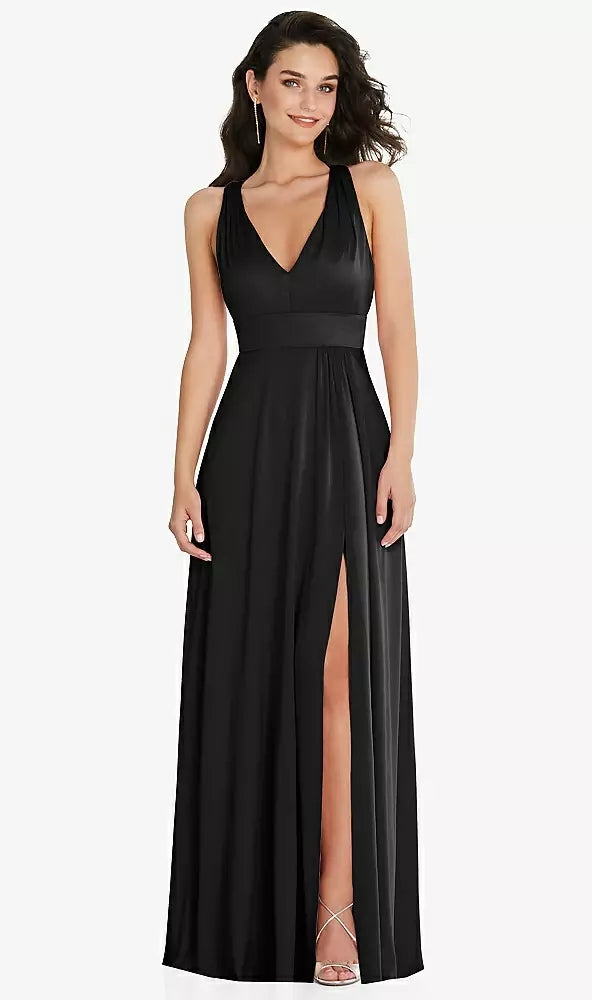 After Six 6863..Criss Cross Back Maxi Dress with Front Slit...Black..Size 8L