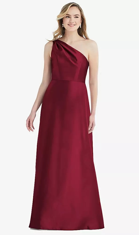Alfred Sung 821....One-Shoulder Satin Maxi Dress .....Burgundy....Size 2