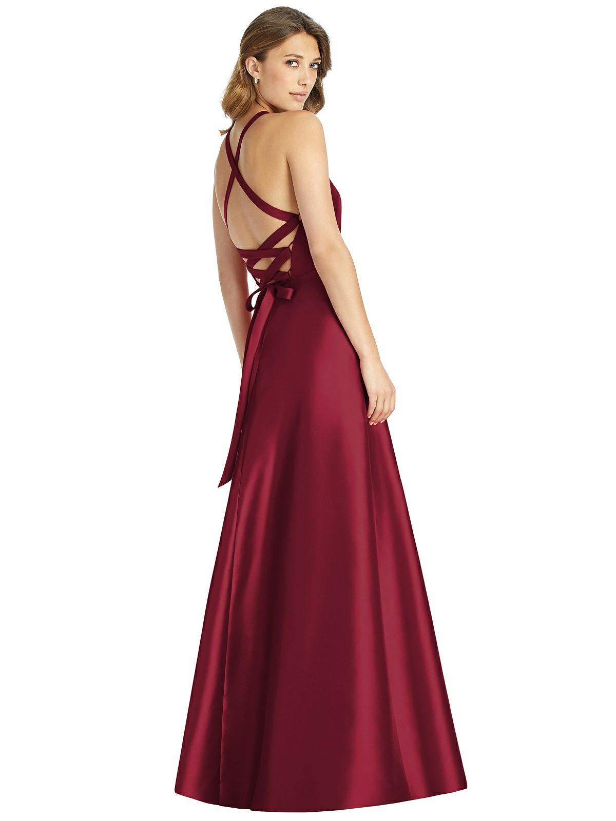 Alfred Sung 763..Full length, Halter, Lace-up Back, Satin Dress..Burgundy..Sz 0