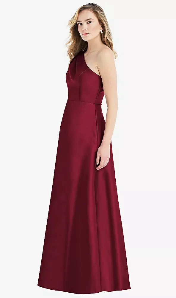 Alfred Sung 821....One-Shoulder Satin Maxi Dress .....Burgundy....Size 2