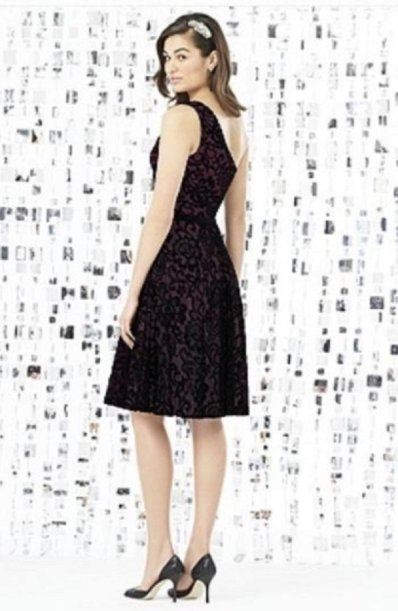 Dessy 8141..Cocktail length, One shoulder Lace Dress...Burgundy....Size 6