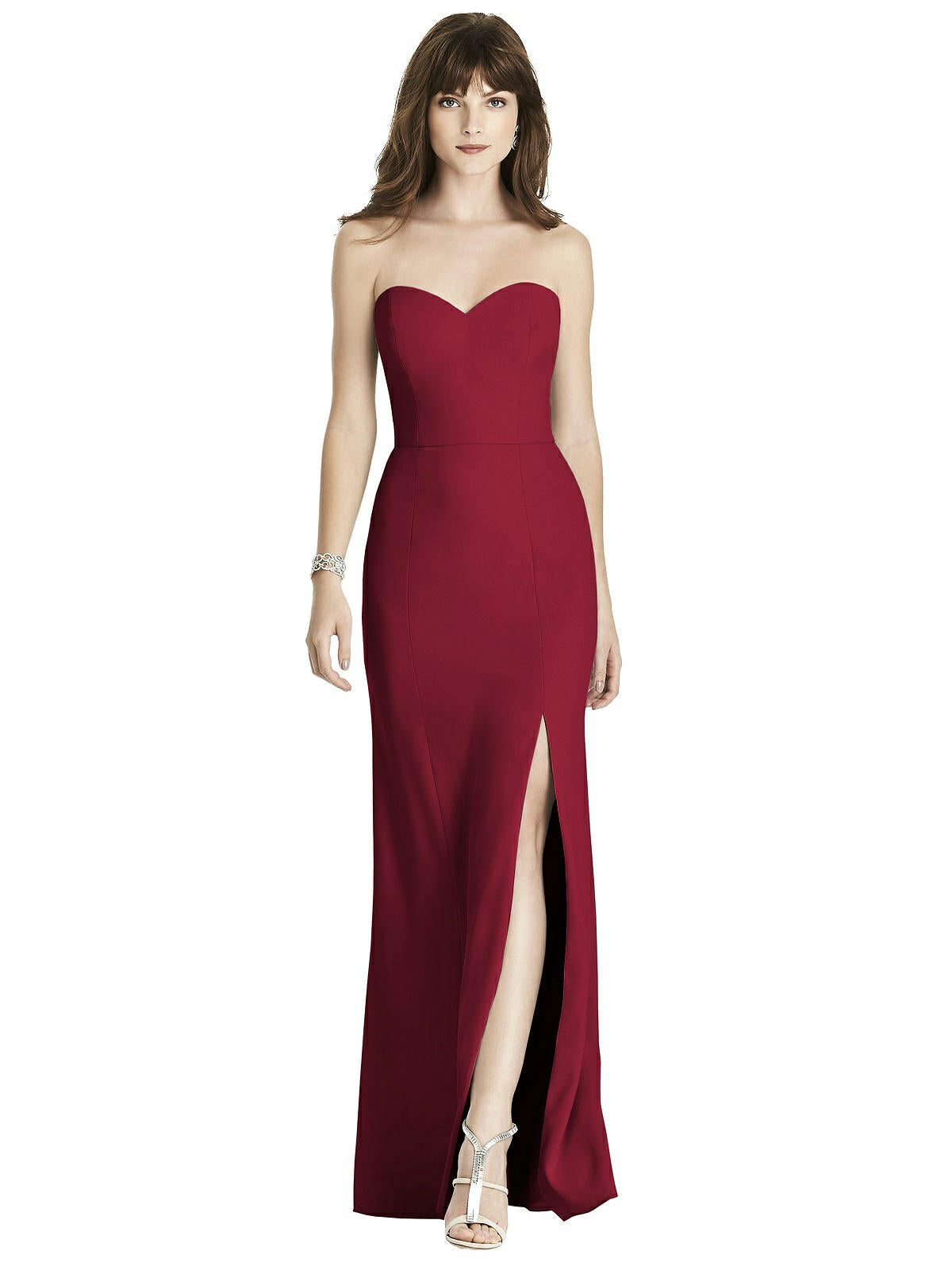 After Six 6775...Strapless Crepe Trumpet Gown with Front Slit..Burgundy...Sz 14