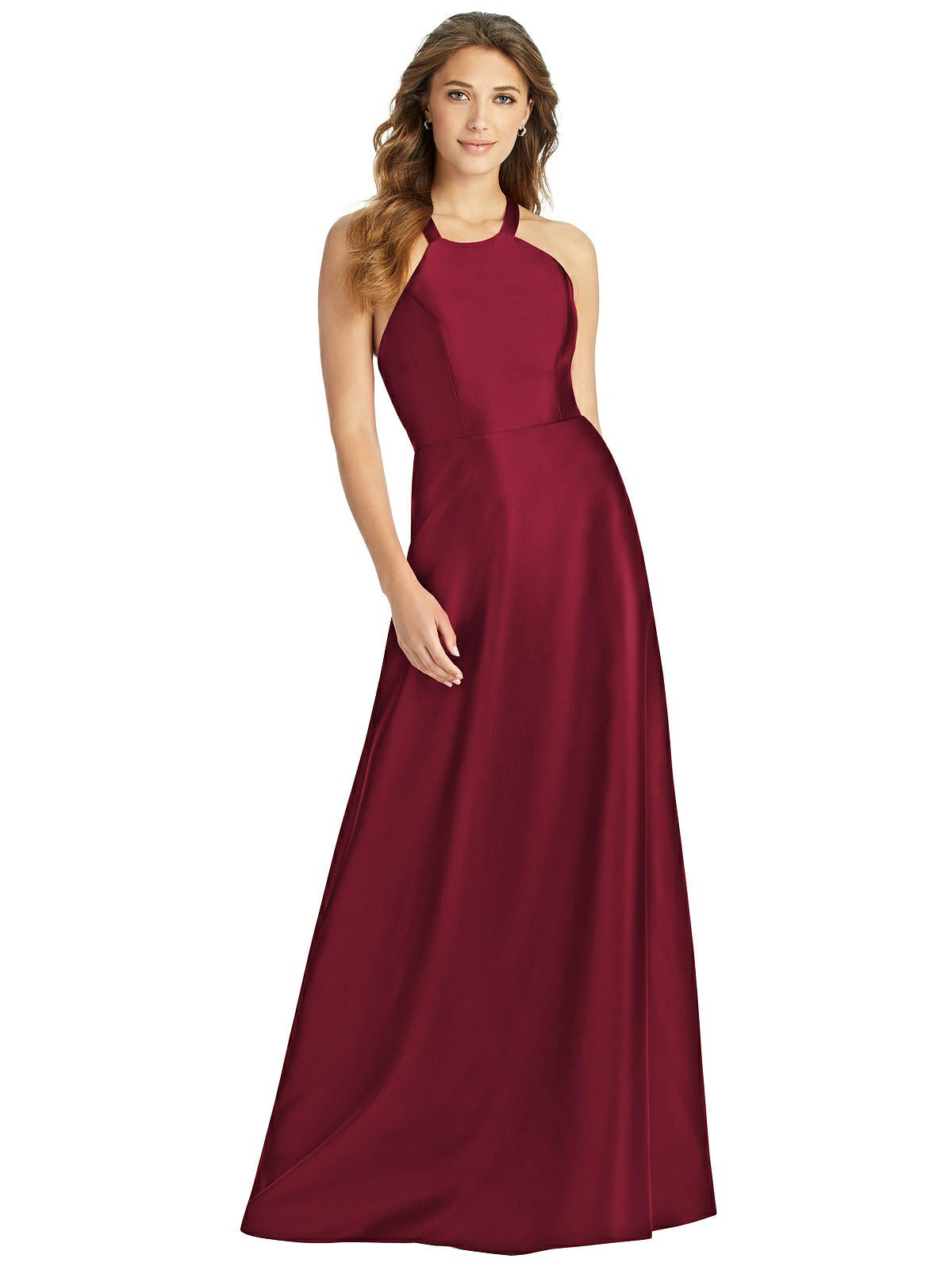 Alfred Sung 763..Full length, Halter, Lace-up Back, Satin Dress..Burgundy..Sz 0