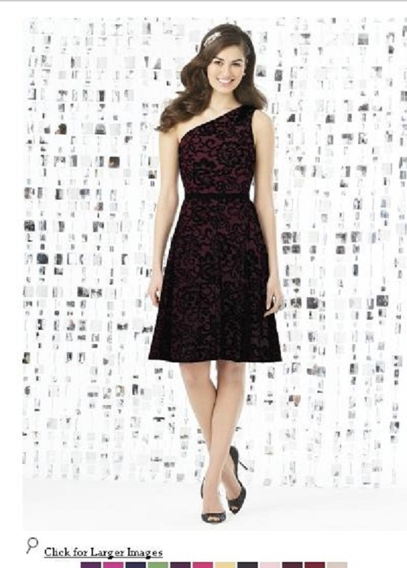 Dessy 8141..Cocktail length, One shoulder Lace Dress...Burgundy....Size 6