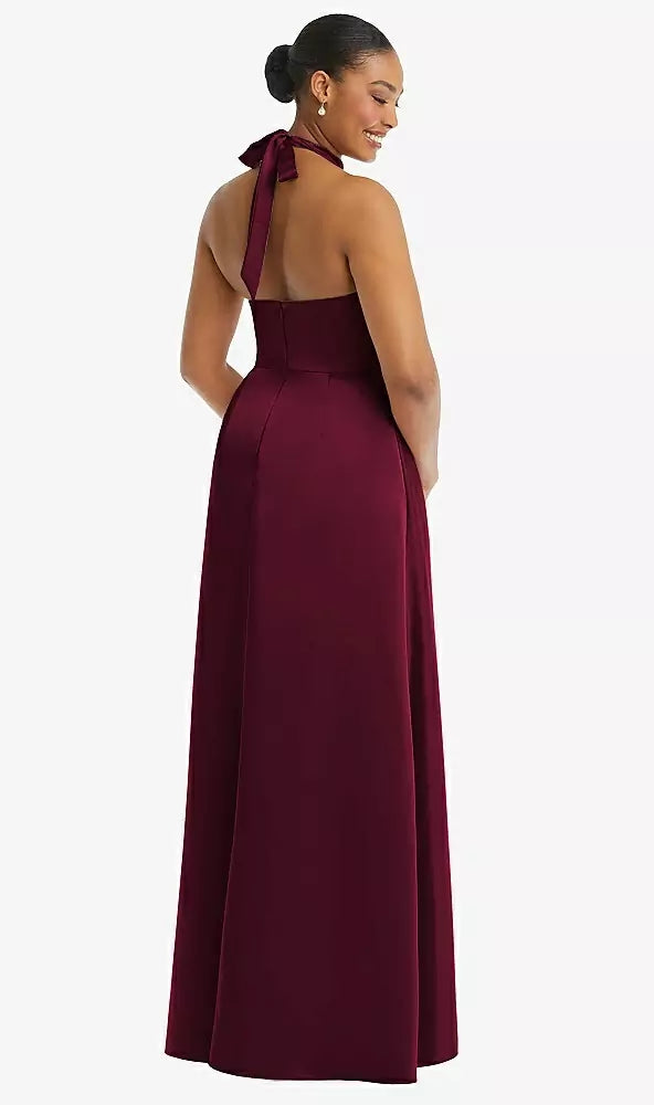 Dessy 3113..High-Neck Tie-Back Cascading High Low Maxi Dress..Cabernet..Size 00