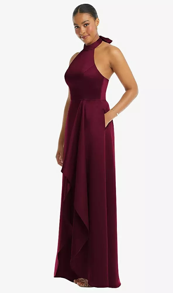 Dessy 3113..High-Neck Tie-Back Cascading High Low Maxi Dress..Cabernet..Size 00