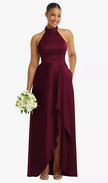Dessy 3113..High-Neck Tie-Back Cascading High Low Maxi Dress..Cabernet..Size 00