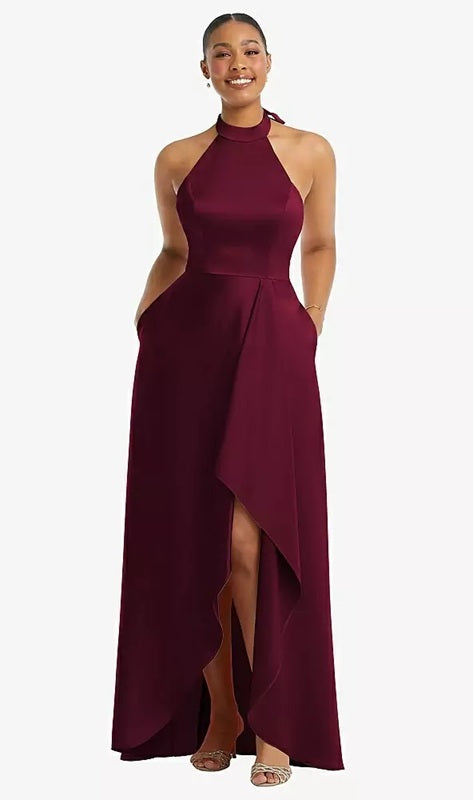 Dessy 3113..High-Neck Tie-Back Cascading High Low Maxi Dress..Cabernet..Size 00