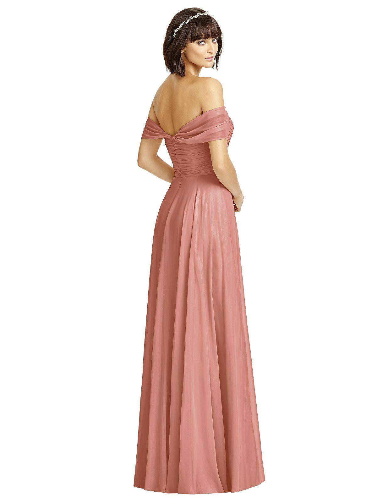 Dessy 2970....Off-the-Shoulder Draped Chiffon Maxi Dress...Desert Rose...Sz 4
