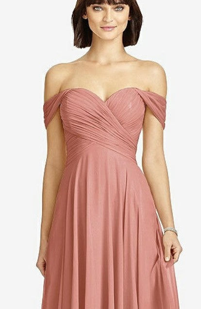 Dessy 2970....Off-the-Shoulder Draped Chiffon Maxi Dress...Desert Rose...Sz 6