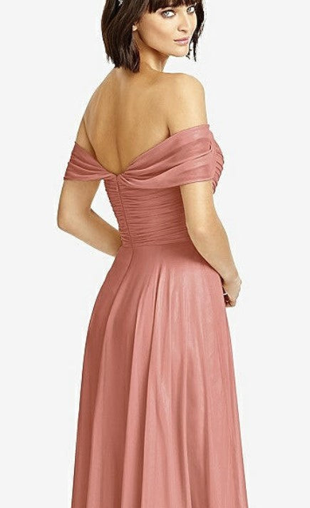 Dessy 2970....Off-the-Shoulder Draped Chiffon Maxi Dress...Desert Rose...Sz 4