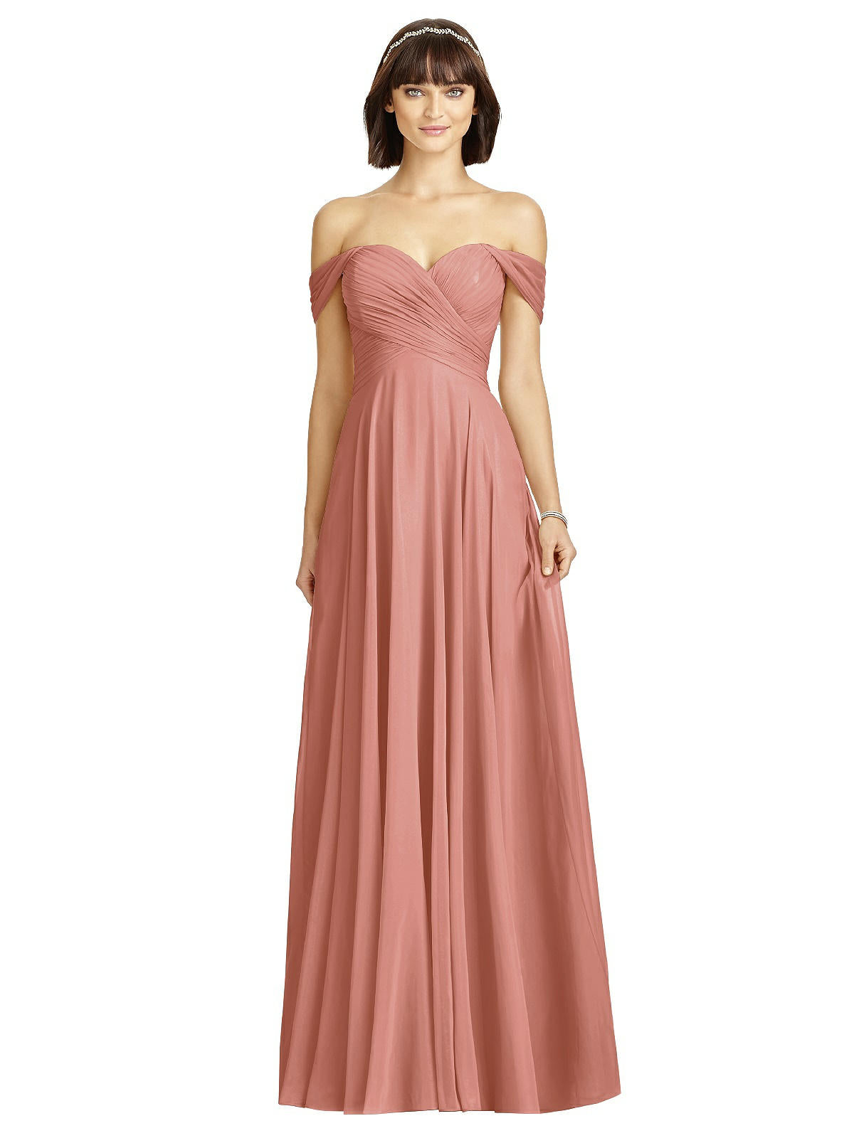 Dessy 2970....Off-the-Shoulder Draped Chiffon Maxi Dress...Desert Rose...Sz 6
