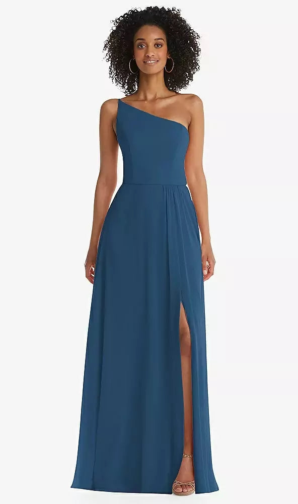 After Six 1555...One-Shoulder Chiffon Maxi Dress..Dusk Blue....Size 0