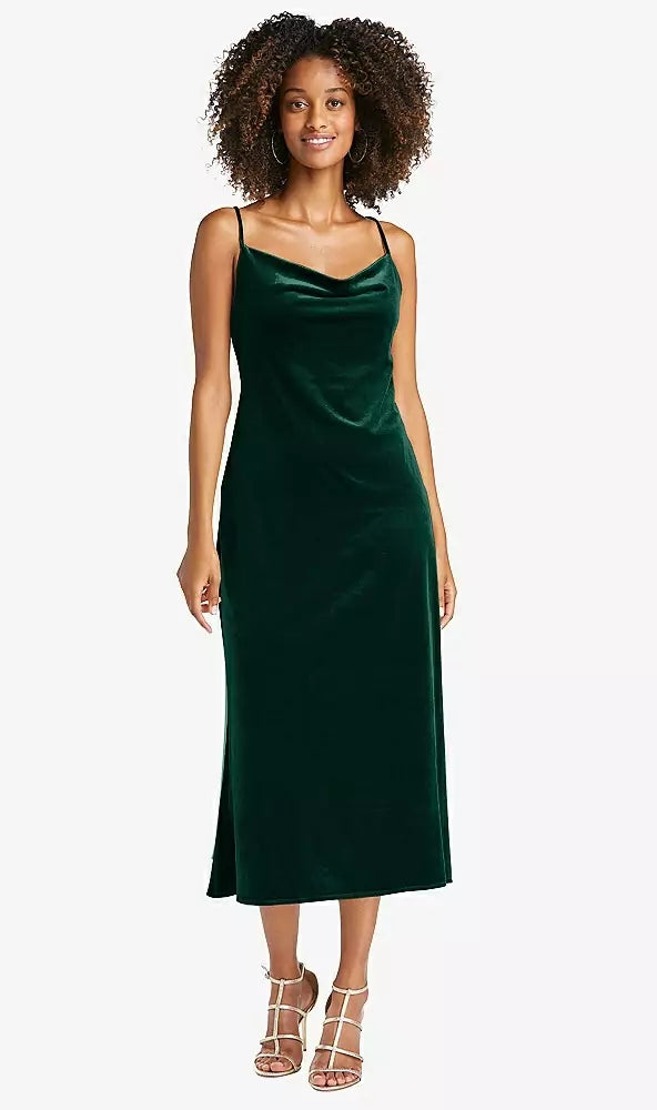 Dessy LB020..Cowl-Neck Convertible Velvet Midi Slip Dress...Evergreen..Size M