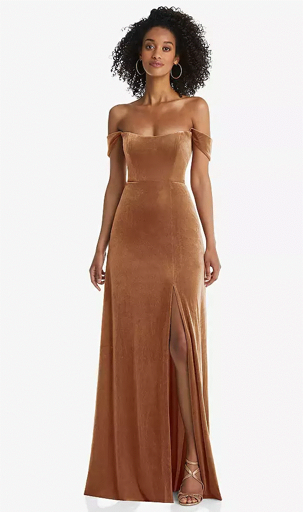 After Six 1551...Off-the-Shoulder Flounce Sleeve Velvet Maxi...Almond...Size 4