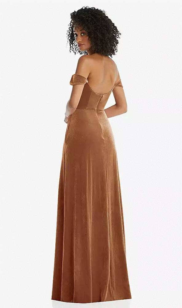 After Six 1551...Off-the-Shoulder Flounce Sleeve Velvet Maxi...Almond...Size 4