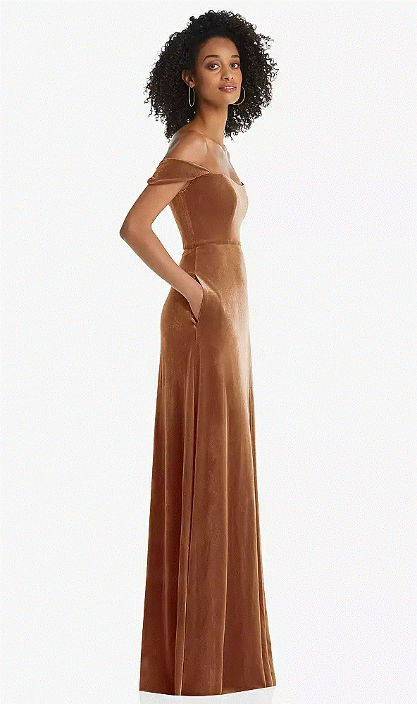 After Six 1551...Off-the-Shoulder Flounce Sleeve Velvet Maxi...Almond...Size 4