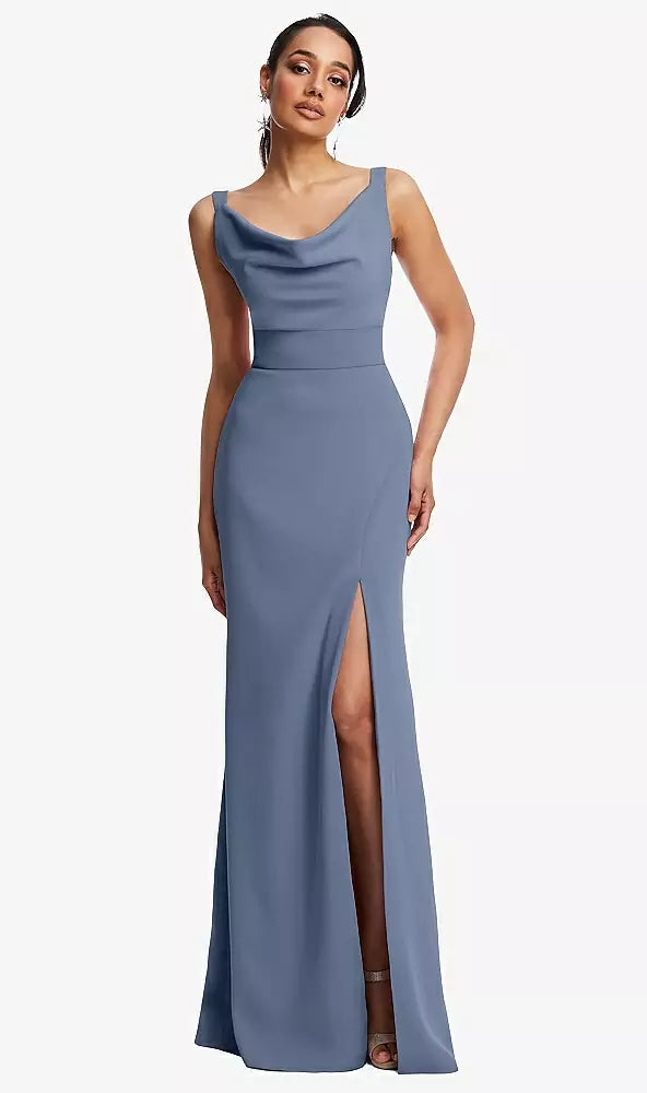 Cowl-Neck Wide Strap Crepe Trumpet Gown with Front Slit..TH114.Larkspur..Sz 12L