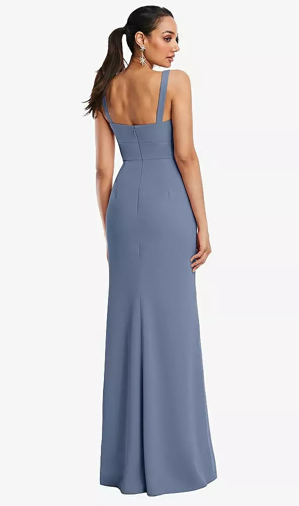 Cowl-Neck Wide Strap Crepe Trumpet Gown with Front Slit..TH114.Larkspur..Sz 12L