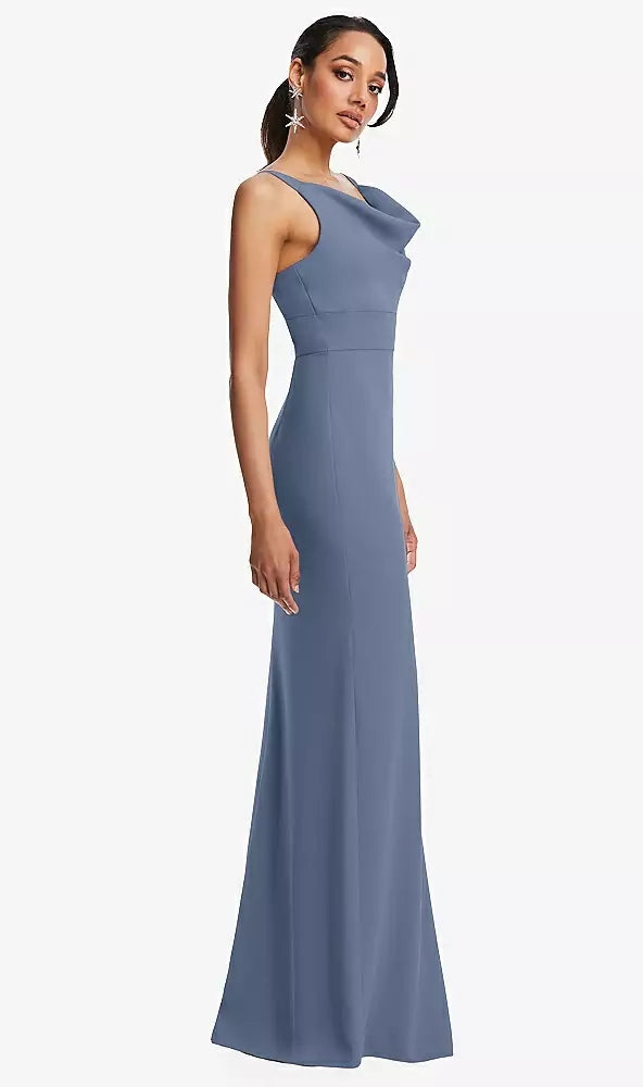 Cowl-Neck Wide Strap Crepe Trumpet Gown with Front Slit..TH114.Larkspur..Sz 12L