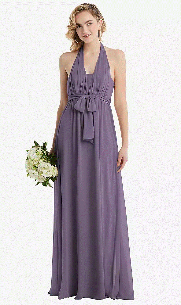TH095..Empire Waist Shirred Skirt Convertible Sash Tie Maxi Dress..Lavender..XL