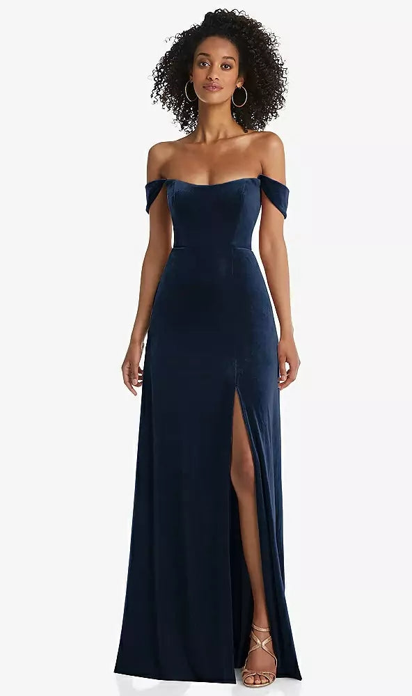 After Six 1551...Off-the-Shoulder Flounce Sleeve Velvet Maxi..Midnight..Size 2