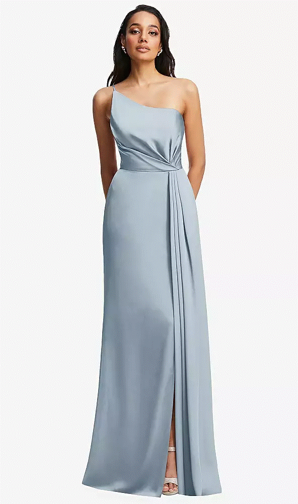 After Six 6878...One-Shoulder Draped Skirt Satin Trumpet Gown....Mist...Sz 10