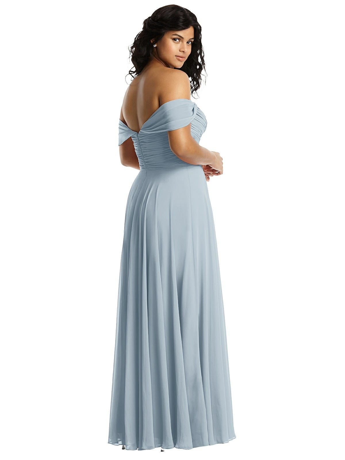 Dessy 2970....Off-the-Shoulder Draped Chiffon Maxi Dress....Mist...Size 0