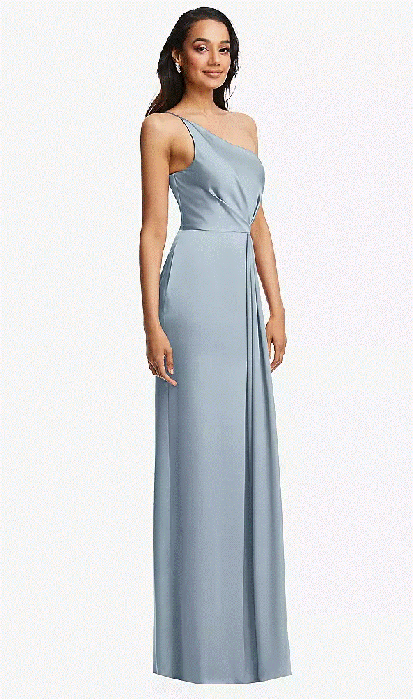 After Six 6878...One-Shoulder Draped Skirt Satin Trumpet Gown....Mist...Sz 10