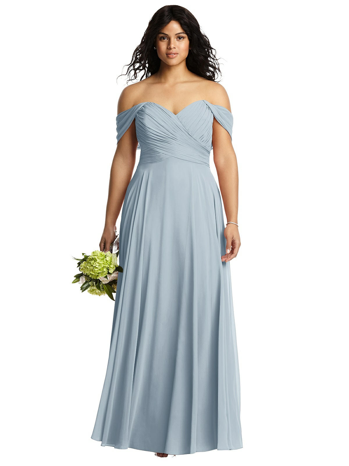 Dessy 2970....Off-the-Shoulder Draped Chiffon Maxi Dress....Mist...Size 0
