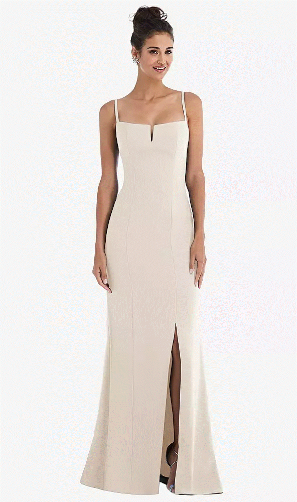 Notch Crepe Trumpet Gown with Front Slit....TH049.....Oat...Size 12...NWT