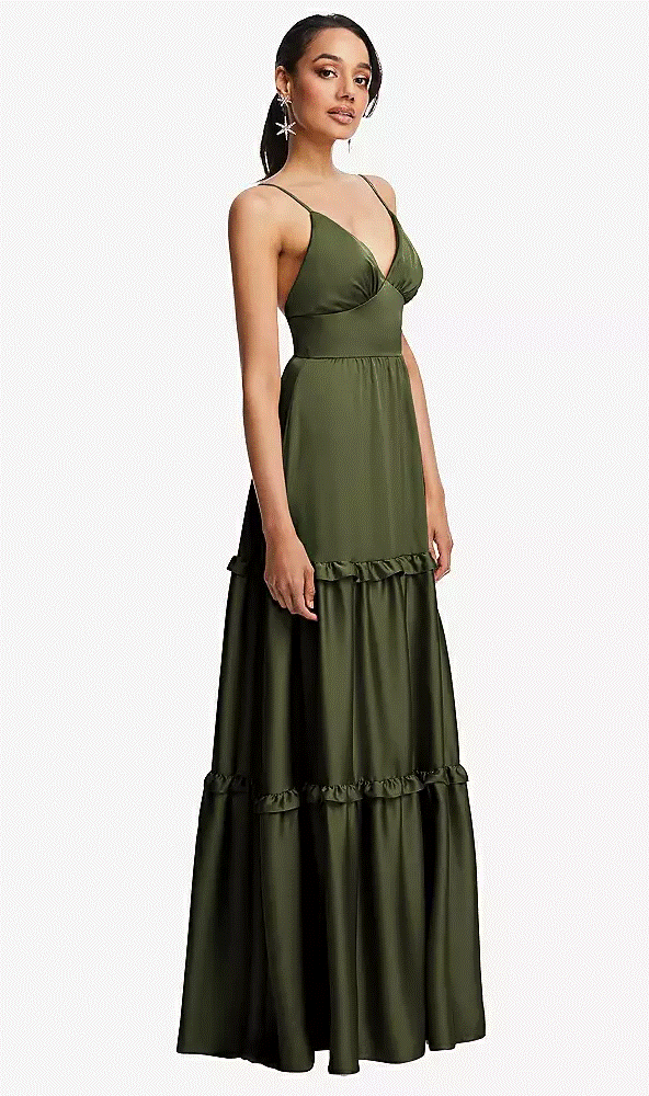 TH116..Low-Back Triangle Dress with Ruffle-Trimmed Tiered Skirt...Green..Size S