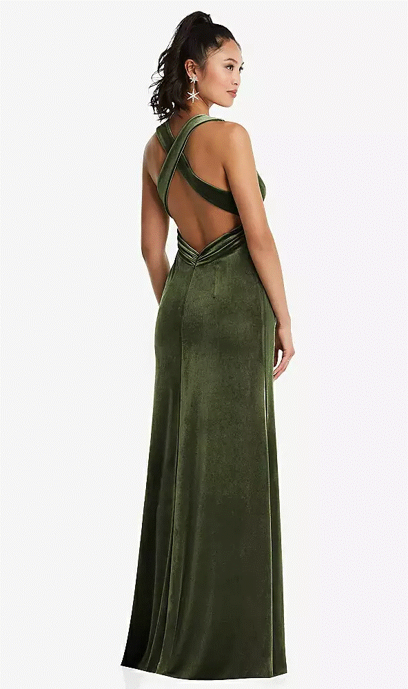 Plunging Neckline Velvet Maxi Dress W/Criss Cross Back...TH082..Olive Green...L