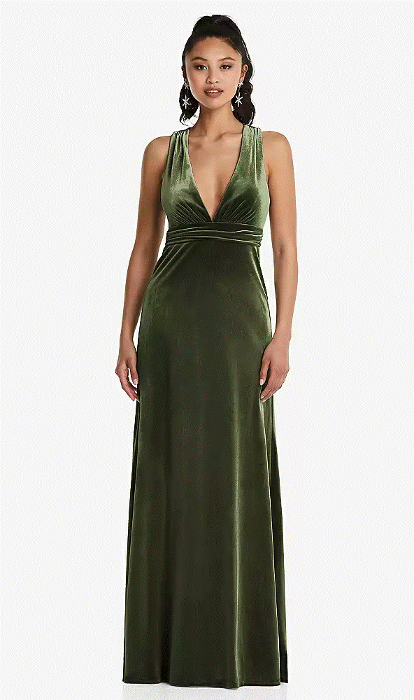 Plunging Neckline Velvet Maxi Dress W/Criss Cross Back...TH082..Olive Green...L