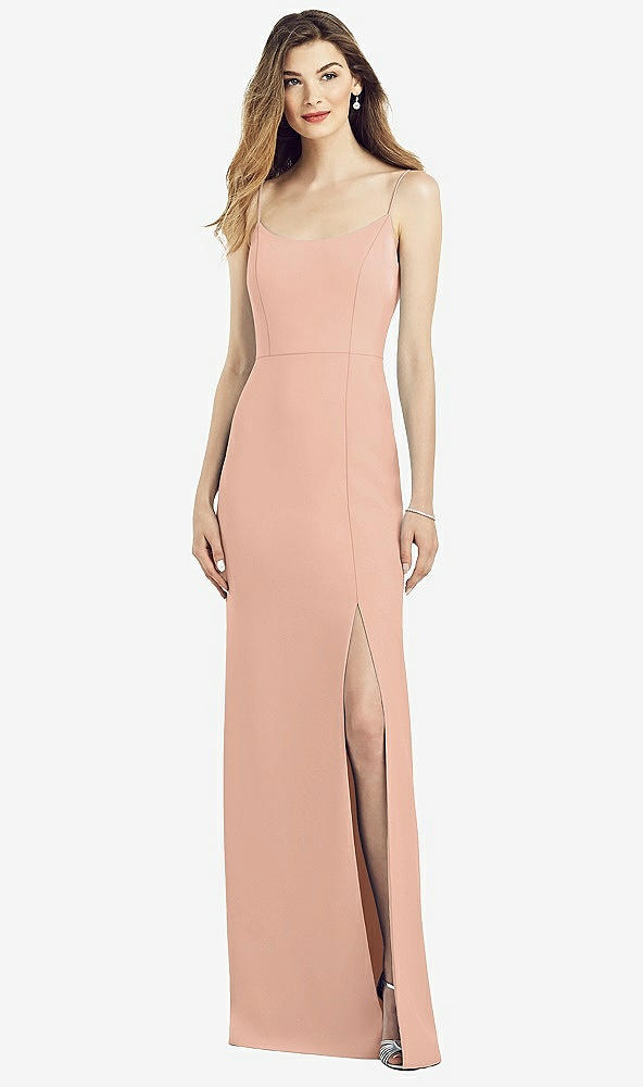 After Six 6822..Spaghetti Strap V-Back Crepe Gown with Front Slit..Peach