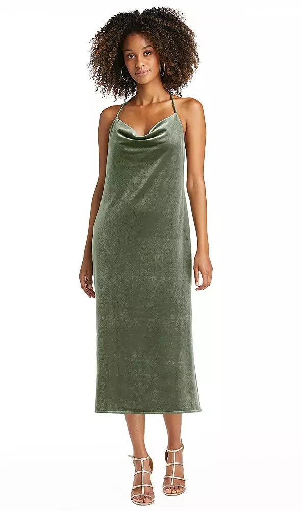 Dessy LB020..Cowl-Neck Convertible Velvet Midi Slip Dress..Sage Green..Size M