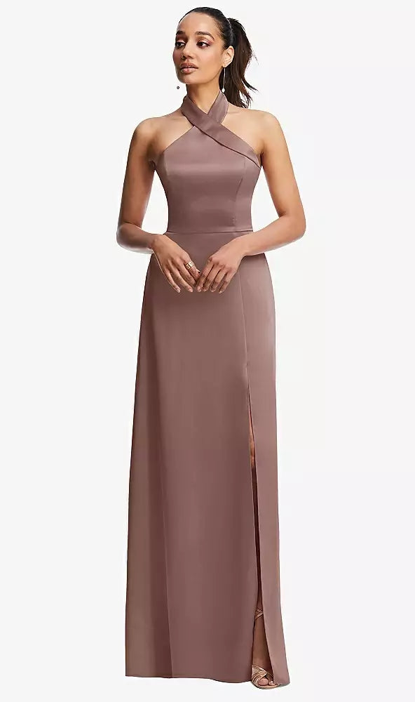 Dessy 3123.Shawl Collar Open-Back Halter Maxi Dress with Pockets..Sienna..Sz 14