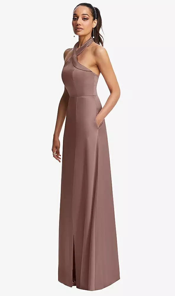 Dessy 3123.Shawl Collar Open-Back Halter Maxi Dress with Pockets..Sienna..Sz 14