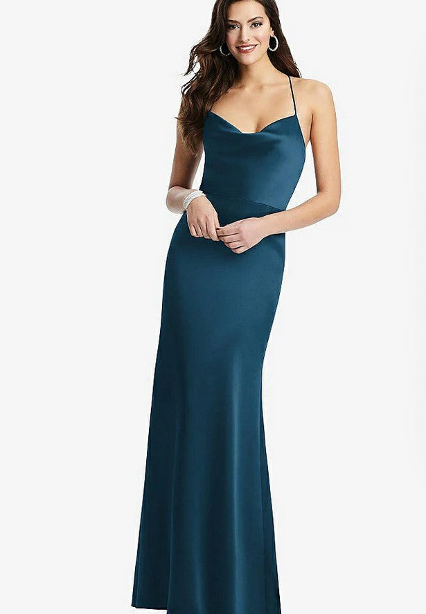 Dessy 3056....Cowl-Neck Criss Cross Back Slip Dress....Atlantic Blue...Sz 8 L