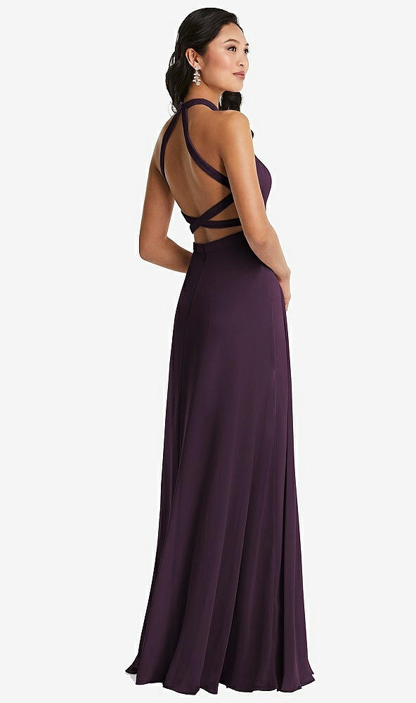 Dessy 3082 Stand Collar Halter Dress with Criss Cross Open-Back..Aubergine..Sz 2