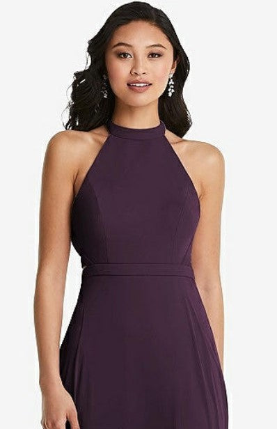 Dessy 3082 Stand Collar Halter Dress with Criss Cross Open-Back..Aubergine..Sz 2